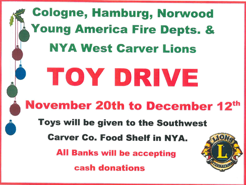 Fire Department Toy Drive Starts Today Cologne, Minnesota A great